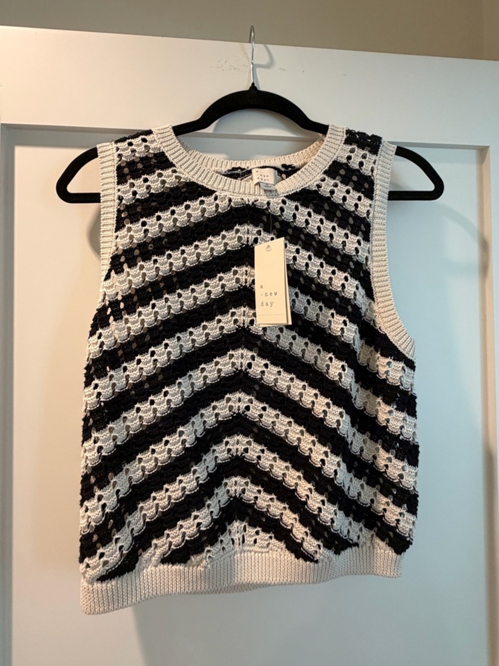 A New Day Black & White Crochet Stripe Knit Tank